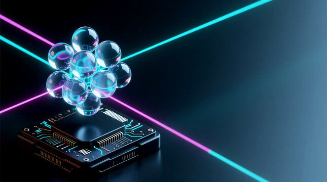 Illuminating Quantum Computing Progress glowing qubit processor hovers inside futuristic laboratory 3D illustration studio environment in angled view