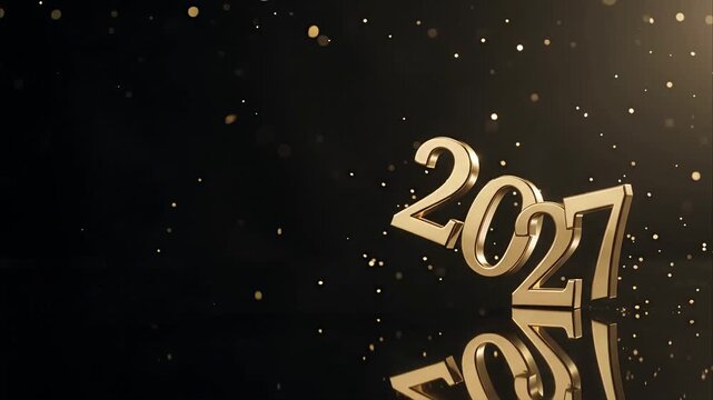 New year 2027 gold numbers glowing with confetti in dark background