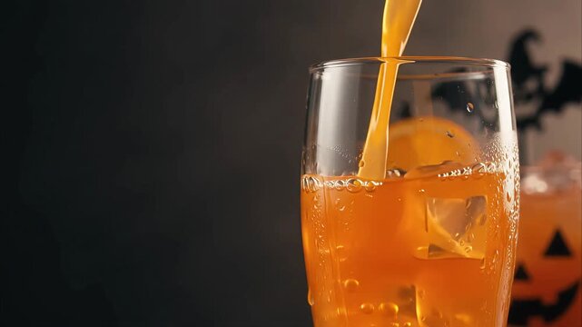 Orange juice pouring into glass with ice cubes for halloween party celebration
