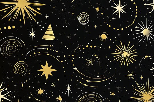 Abstract celestial pattern featuring golden sunbursts and mystical symbols