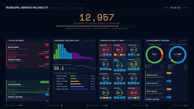 Animated municipal service reliability dashboard showcasing outages, response times, and citizen impact metrics in a polished 4K loop for digital signage and broadcast use.
