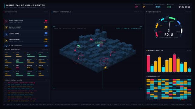 Cinematic 4K municipal command center dashboard monitoring city services, live incident alerts, and infrastructure status with dark navy interface and cyan data visualizations.