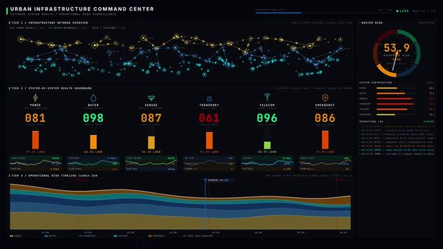 Explore an advanced urban infrastructure command center dashboard showcasing citywide system health, operational risks, and real-time data visualization in a sleek 4K animation.