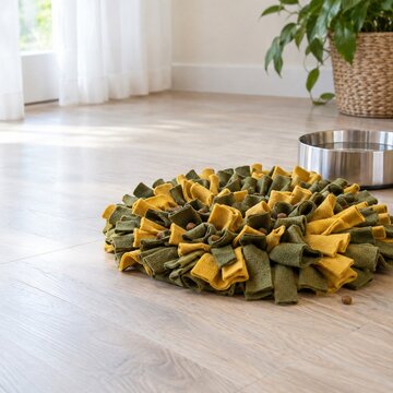 Fleece dog snuffle mat with hidden kibble and water bowl