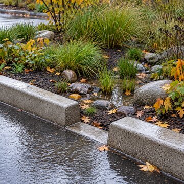 Curbside rain garden with grasses and drainage opening after rain