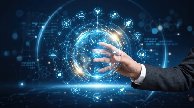 Futuristic hand reaching out to touch glowing global technology network sphere with AI and robotics icons, representing artificial intelligence, machine learning