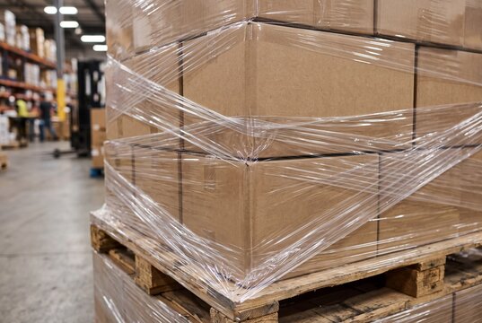 Shrink wrapped cardboard boxes secured on wooden pallets in distribution center, representing logistics freight handling, supply chain storage, or commercial wholesale shipping operations