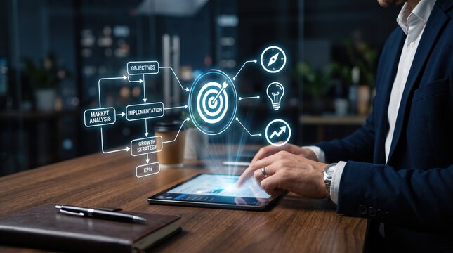 Man interacting with tablet displaying strategy flowchart target objectives market analysis implementation KPIs and growth indicators for business planning management and
