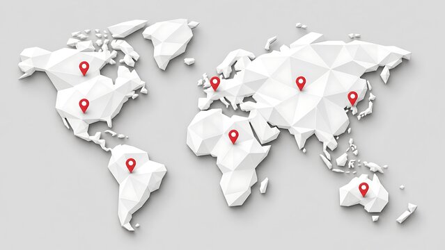 Low poly world map concept with red location pins on a gray background map markers travel desti