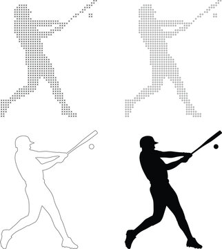 Baseball player swinging bat with cross stitch pattern hollow circle line art and solid silhouette