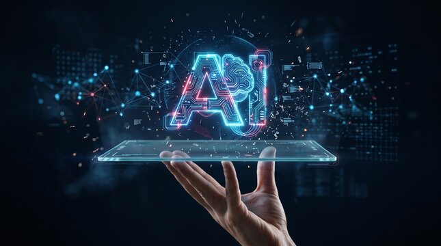 A hand presents a glowing artificial intelligence symbol displayed on a tablet screen artificialintelligence machinelearning deeplearning neuralnetwork algorithm