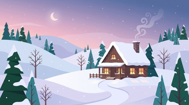 Modern flat vector illustration of a cozy wooden cabin on snowy hills during pastel twilight. Warm glowing windows with smoking chimney in a peaceful winter landscape background.
