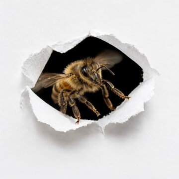 Honeybee emerging from a hole in white paper