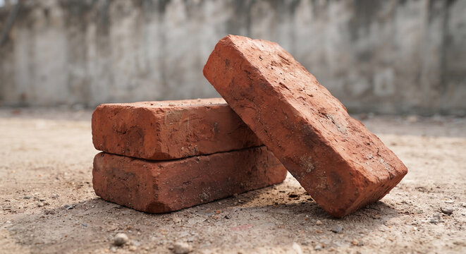 Three rustic red clay bricks stacked on a dusty ground with concrete wall