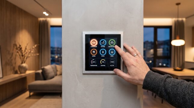 Smart home automation control panel, hand touching touch screen interface for lighting climate entertainment systems, modern living room interior design