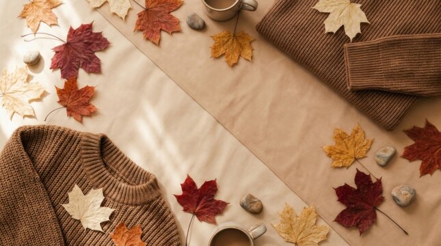 Brown sweaters and colorful autumn leaves are arranged on a beige linen surface