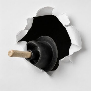 Rubber plunger breaking through torn white paper