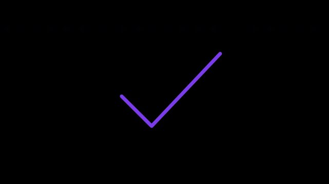 Three sequential frames showing a purple checkmark appearing and disappearing on a black background, representing a process or animation