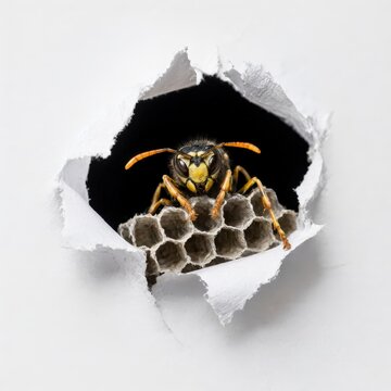 Wasp constructing hexagonal paper cells in a hole