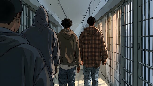 Four men walking down prison corridor