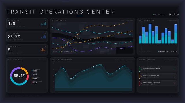 Dynamic public transit operations dashboard featuring active routes, fleet on-time statistics, and real-time alerts in a visually engaging dark mode layout.