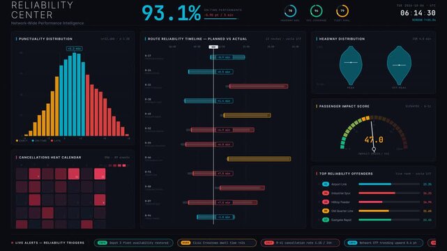 Animated public transport reliability dashboard showcasing punctuality distribution, cancellations heat calendar, and headway adherence in a sleek dark mode aesthetic.