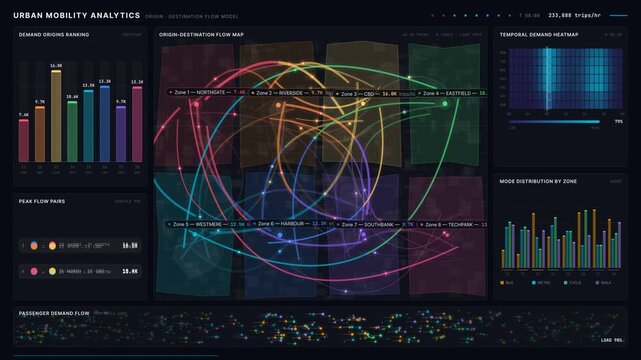 Explore an animated urban mobility analytics dashboard showcasing origin-destination flow maps, demand rankings, and temporal heatmaps in a premium dark mode design.