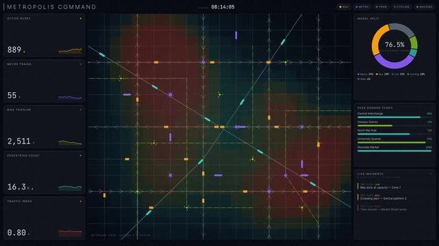 Explore an immersive dark-mode urban mobility command center dashboard featuring animated vehicle icons, pedestrian heatmaps, and real-time traffic flow visualizations in 4K resolution.