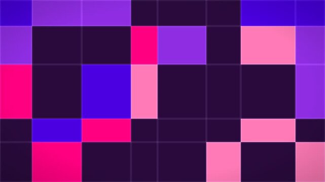 Abstract geometric pattern with vibrant pink purple and blue squares on a dark background