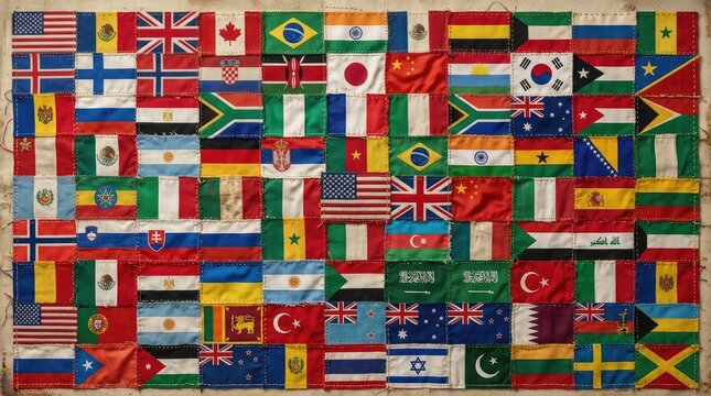 Collection of various national flags displayed together on fabric