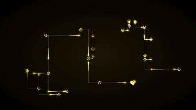 Abstract glowing golden circuit board lines and nodes with light effects on a dark background representing data flow and technology