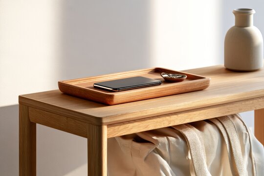 Smartphone and Keys on a Wooden Entryway Tray