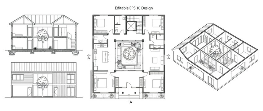 Detailed CAD architectural drawings isolated on transparent background showing house floor plan elevation and 3D isometric view