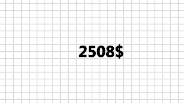Five thousand dollar counter animation on transparent grid background. Business increase counting dollar animation. 0 to 5000 dollar counting animation.