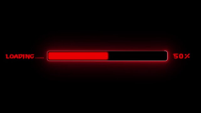 Glowing neon loading bar animation on black background. Futuristic progress loading bar 0 to 100% percent.