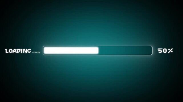 Glowing neon loading bar animation on cyan background. Futuristic progress loading bar 0 to 100% percent.