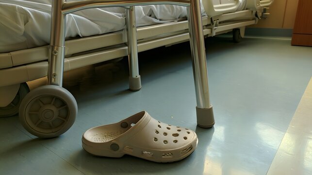 Hospital bed, walker, and shoe on hospital floor