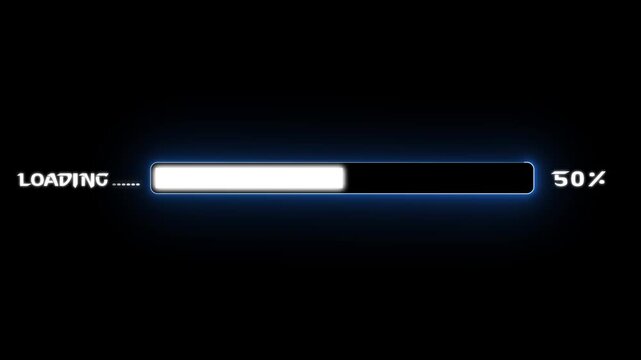 Loading bar downloading progress animation. Loading bar and percentage. Futuristic progress loading bar 0 to 100% percent on dark background.
