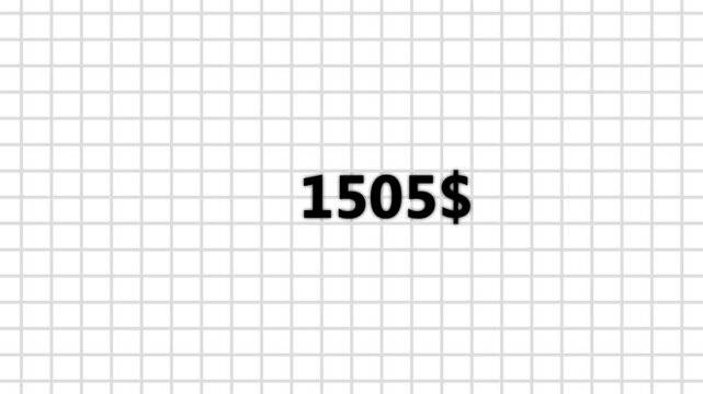 Three thousand dollar counter animation on transparent grid background. Business increase counting dollar animation. 0 to 3000 dollar counting animation.