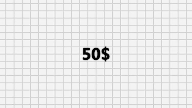 Number counter animation from zero to one hundred Doller. Counting money animation. Business increase counting dollar animation on transparent grid background.
