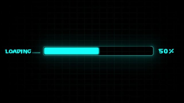 Glowing neon loading bar animation on black background. Futuristic progress loading bar 0 to 100% percent.