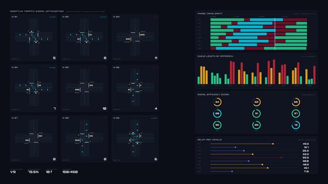 Explore the intricacies of an adaptive traffic signal optimization dashboard showcasing intersection performance metrics and queue lengths in a dynamic 4K visualization.