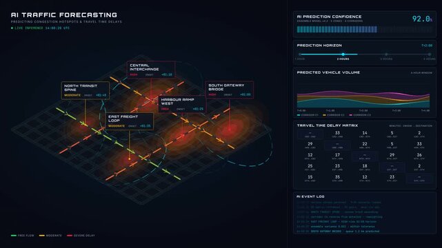An advanced AI traffic forecasting dashboard visualizes congestion hotspots and travel time delays with an isometric city grid and dynamic data overlays in a sleek dark theme.
