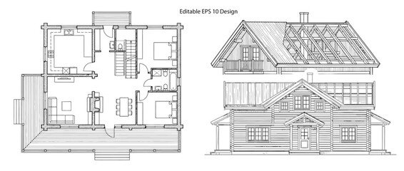 Fototapeta premium Wooden house floor plan elevation CAD architectural drawings isolated on transparent background