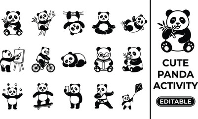 Set of black and white cute panda activity featuring various actions like eating bamboo, riding bike, painting, reading, and flying kite © AHR Vector