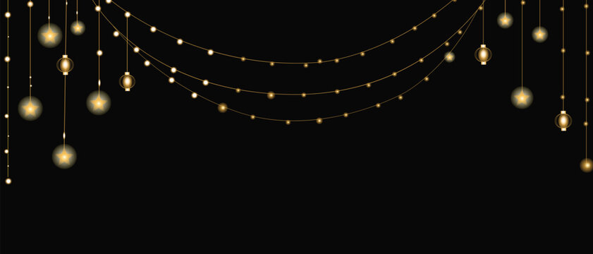Glowing festive string lights hanging on a dark black background