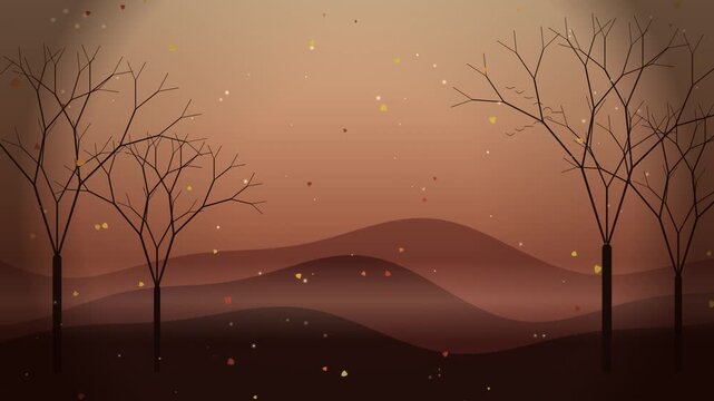 Falling autumn leaves drift through a peaceful landscape with bare trees and rolling hills at sunset