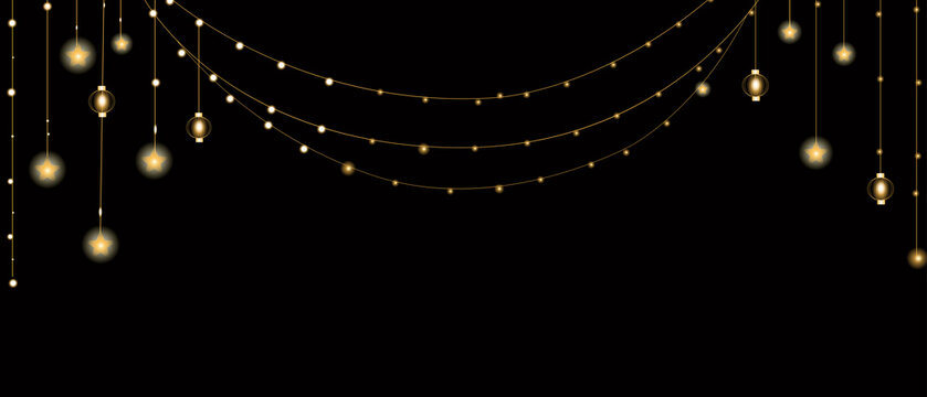 Glowing festive string lights hanging on a dark black background