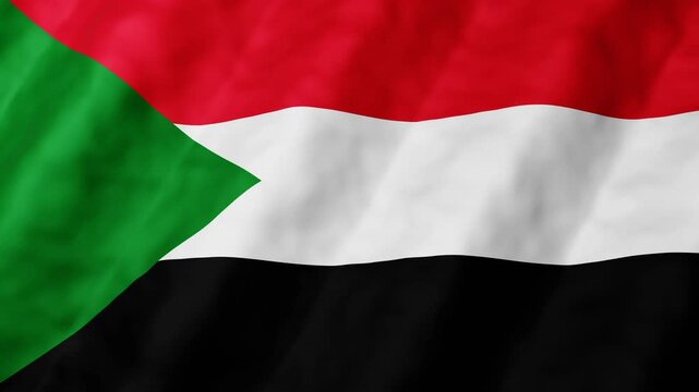 3D animation of Sudan National flag waves gently seamless loop in the breeze. Red, white, and black stripes flutter with dignity. Green triangle on left side. 4k motion graphics background