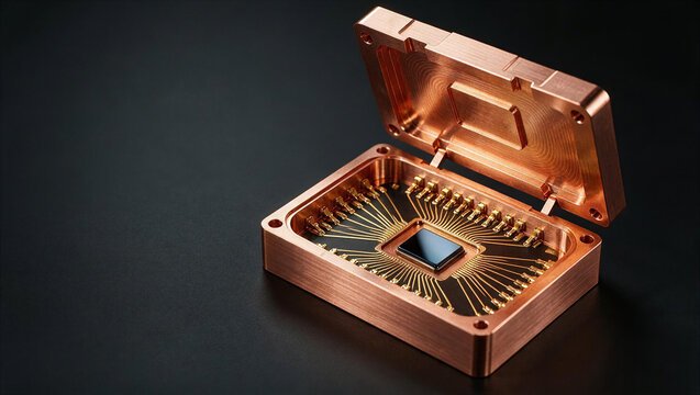 Quantum Computer Hardware chip in copper sample box